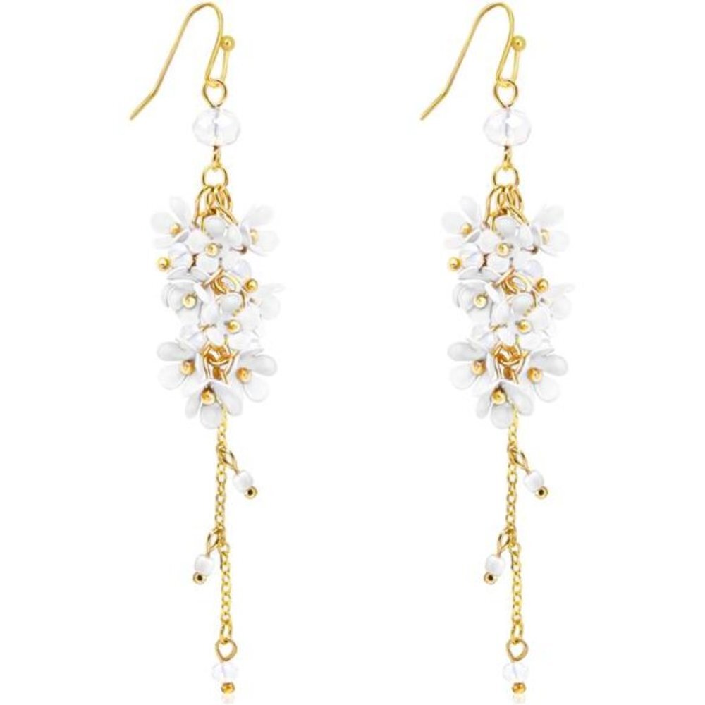 Boho White Flower Statement Stud Earrings Long 3D Petal Drop Dangle‎ Earrings - Picture 6 of 6